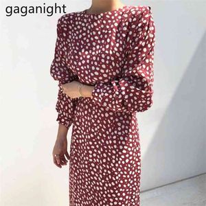 Gaganight Vintage Polk Pot Dot Mulheres Maxi Bodycon Vestido puxar manga longa o pescoço moda vestidos de primavera feminino feminino coreano vestidos 210519