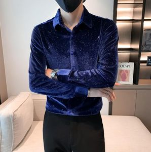 Black Blue Spring Men Clothing 2022 Casual Slim Fit Long Sleeve Velvet Shirts Dress Sale
