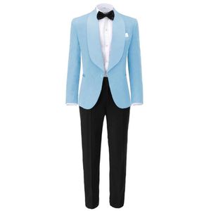 Aankomst Mannen Suits Sjaal Revers Man Patroon Baby Blauw Bruidegom Tuxedos Bruiloft Groomsman Stuks jas Pants E392 Herenblazers