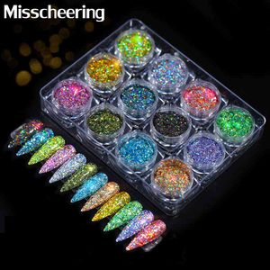 12 lådor sparkly sequins 3d hexagon färgglada flingor ljus förändring glitter pulver bländande charm nagel konst dekorationer