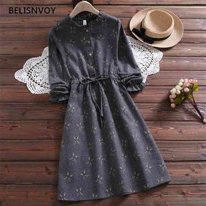 Estilo formal japonês outono inverno mulheres vestido bonito floral bordado femme robe retro corduroy doce 210520