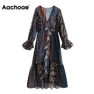 V Neck Boho Style Print Flare Long Sleeve Beach Midi Ruffles Casual Pleated Dress Spring Vestido De Mujer 210413