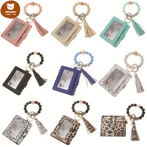 Fashion PU Leather Bracelet Wallet Keychain Party Favor Tassels Bangle Key Ring Holder Card Bag Silicone Beaded Wristlet Keychains Handbag Women Jewelry wjy591