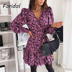 Vinatge Spring Długim rękawem Sukienka Kobiety Seksowny Puff Floral Beach Holiday Casual A-Line Jesień 210427