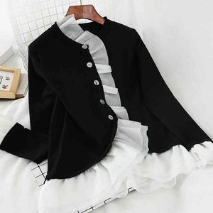 Damskie Cardigans Jesień Ruffles Patchwork Swetry Z Długim Rękawem V-Neck Knit Cardigan Nosić Koreański Styl Woman Tops Pl117 210506