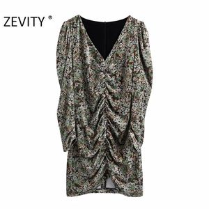 Frauen Vintage V-ausschnitt Druck Samt Falten Mini Kleid Büro Damen Chic Puff Sleeve Casual Slim Party Vestido DS4561 210420