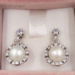 本物の925スターリングシルバーPandora EstraSting Grace White White Pearl Clear Czスタッドイヤリング豪華な女性男性の女の子バレンタインの日誕生日ギフト290562P