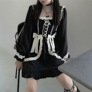 일본 로리타 고딕 드레스 소녀 패치 워크 빈티지 디자이너 미니 드레스 일본 스타일 카와이 의류 가을 드레스 여성을위한 210329