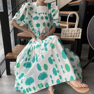Summer Fashion Korean Chic O Neck Puff Short Sleeve Polka Dot Print Dress Pleated Loose High Waist Big Swing Vestido Wild Casual 210610