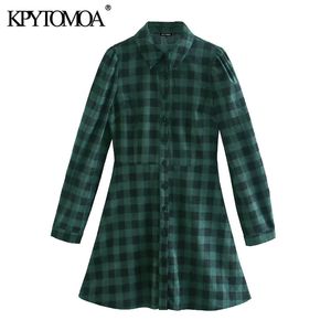 Kvinnor Chic Fashion Button-up Plaid Mini Corduroy Shirt Dress Vintage Lapel Collar Långärmad Kvinnlig Klänningar Mujer 210416