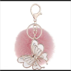 Keychains Fashion Accessories Drop Delivery 2021 Real Rabbit Pom Poms Keychain Crystal Fjäril