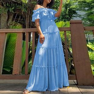 パーティーサマードレス女性カジュアルなソリッドドレスオフショルダーサンドレスボヘミアンヴェストド2021 Vonda Beach Sundress PlusサイズRobe X0521