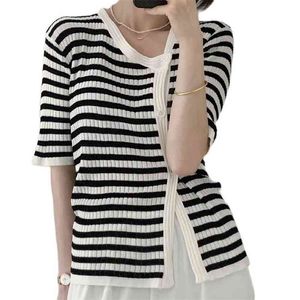 Is silke knit cardigan temperament smal oregelbunden kortärmad topp sommar koreanska mode damkläder 210520