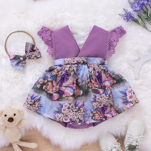 Kids Rompers Girls Easter Eggs Kanin Print Romper Spädbarn Toddler Lace Flying Sleeve Jumpsuits With Bow Headband Sommar Mode Baby Klättring Kläder