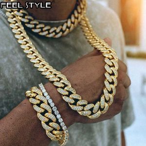 Men's Inlaid Diamond Cuba Chain Necklace, Long, Gold Cobble, Cz, Hip-hop Jewelry Q0809