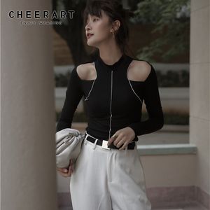 Sexy Long Sleeve Top Cold Shoulder Black T Shirt Women Tight Designer Ladies Underwear Tee Fall Clothes 210427