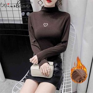 Thick T-shirt Women Brushed Cotton With Fleece Tshirt Tops Mock Neck Embroidery Loving Heart Long Sleeve Stretchy T09006A 210421