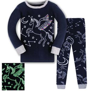 Långärmad Unicorn Print Lysande Tjejer Pyjamas Ankomst Kids Home Wear Baby Sleepwear sätter topp och botten 210529