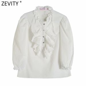 Women Sweet Cascading Ruffle Diamond Button White Linen Smock Blouse Female Lantern Sleeve Shirts Chic Blusas Tops LS9295 210420