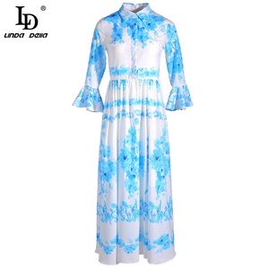 Fashion Designer Summer Chiffon Dress Women Turn-down Collar Blue Rose Flower Print Bohemian Holiday Long Dresses 210522