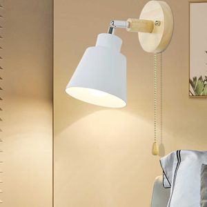 Nordische Holz-Wandlampe für den Innenbereich, Nachttisch, E27-Wandleuchte für Schlafzimmer, Flur, 4 Farben mit Reißverschlussschalter, frei drehbar 210724