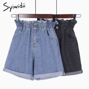 Curtas elásticas Curtas Mulheres Curto Feminino Denim Ladie Sexy Preto Cintura Alta Calções Plus Tamanho 5XL Botões Botão Verão Sólido 210417