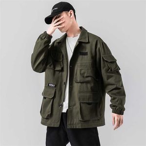 Brand Spring Män Casual Jacket Coat Mäns Tvättade Bomull Brandkläder Armé Green Bomber Jackor Male Cargo Coats 211110