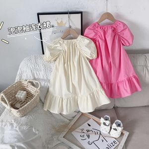 Girls Solid Puff Sleeve Princess Cotton Dress Ruffles Toddler Summer Clothing Ruched Kids Pink Cute Sundress 210529