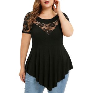 Women Plus Size Blouses Lace See-through Short Sleeve Asymmetric Hem Solid Color Tunic Sexy Shirts
