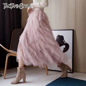 Asymmetrische Mesh Röcke für Frauen Hohe Taille Knöchel Länge Weibliche Elegante Koreanische Mode Kleidung 210521