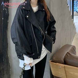 Aelegantmis Faux Leather Jacket Women Loose Coat High Quality Casual Motorcycle Spring Outerwear Plus Size Streetwear 210607