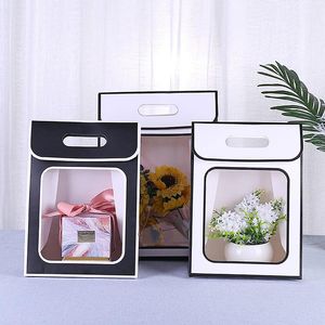 Gift Wrap Kraft Paper Bag Clear Window Candy Packaging Box With Handle Decor Flap Tote For Birthday Party Wedding Valentine's DayGift Gi