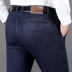 Höst och vinter Klassisk Mäns Hög Midja Business Jeans Mörkblå Rak Elasticitet Denim Byxor Man Märke Tjockbyxor 211111