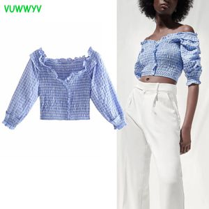 VUWWYV Woman Tops White Blue Ruffle Crop Top Women Blouses Summer Long Sleeve Plaid Shirts Off Shoulder Ladies 210430