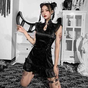 Helisopus Nuovo stile cinese Cheongsam Mini abito retrò sexy scava fuori estetico aderente nero sottile senza maniche abiti da festa Y220214