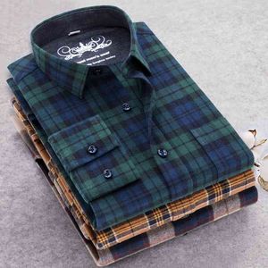 Flannel Plaid Herrskjorta 100% Rutig bomull Lös Tjock Borstad Casual Camisas Höst Soft Man Shirt Plus Storlek 5XL 6XL 210609