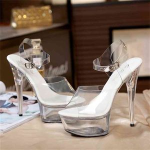 Chaussures Sandales Femme Sandales Style d'été Cristal transparent Sexy Talon haute imperméable 13-15cm plus-taille 35-44 210516