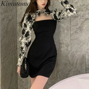 Kimutomo kvinnor vintage blommig tryck miniklänning fransk stil vår chic kvinnlig nedbrytning krage patchwork bodycon elegant 210521