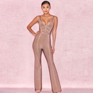 Jumpsuits femininos Macsuits 2021 Bandage Rayon Brown Sexy Deep-V Long Zipper Bodysuit Mulheres Party Club Cavalit