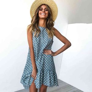 夏の青い波点タンクドレス緩いカジュアルな休日のビーチのドレス女性のプラスサイズ3xl女性のvestidosのフリルSundress 8色210507