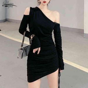 Vår svart grå elegant långärmad mini off-shoulder klänning bodycon sexig strapless botten robe femme 12566 210521