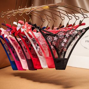 Ultra Thin Embroidered Flower Transparent G-strings Sexy lace Bow Knot Panties Briefs Thongs bikini underwear lingerie for slim women
