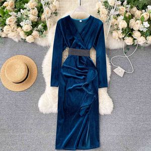 Frauen Koreanische Vintage Solide Kleid Elegante Sexy V-ausschnitt Langarm Schärpen A-linie Kleid Herbst Split Rüschen Kleid 210419