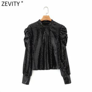 Women Fashion Stand Collar Sequined Casual Velvet Smock Blouse Lady Pleated Puff Sleeve Blusas Female Shirts Tops LS7571 210416