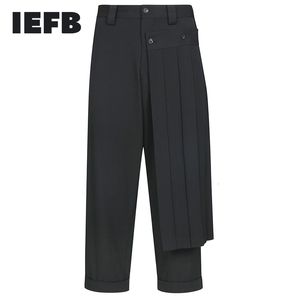 IEFB Men's Bottoms Double-deck Male Pantskirt Balck Personality Pleated Patchwork Trousers Bouffancy Fashion 19H-a296 210524