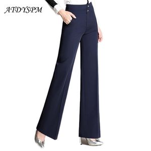 Arrivel Women High Waist Long Trousers Vintage Wide Leg Pants Elegant Office Lady Straight Black Navy Suit 211124