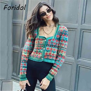 Flower Print Vintage Cropped Cardigans Women Knitted Button Up Green Cardigan Casual Sweater Short Blue 210427