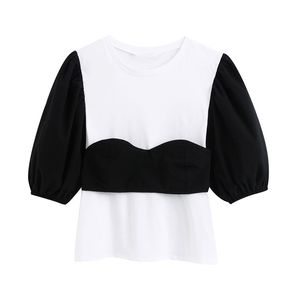 Sweet Black White Patchwork Women Blouses O Neck Puff Sleeve Female Short Shirts Blusas Mujer Preppy Style Tops 210430