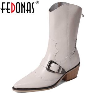 Botas de moda de couro genuíno inverno queda volta zipper zíper saltos grossos sapatos para mulher casamento escritório senhora tornozle 210528