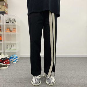 Calças masculinas apaig preto e branco costurando cor contraste direto zíper split terno listra largo perna casual calça marca marca